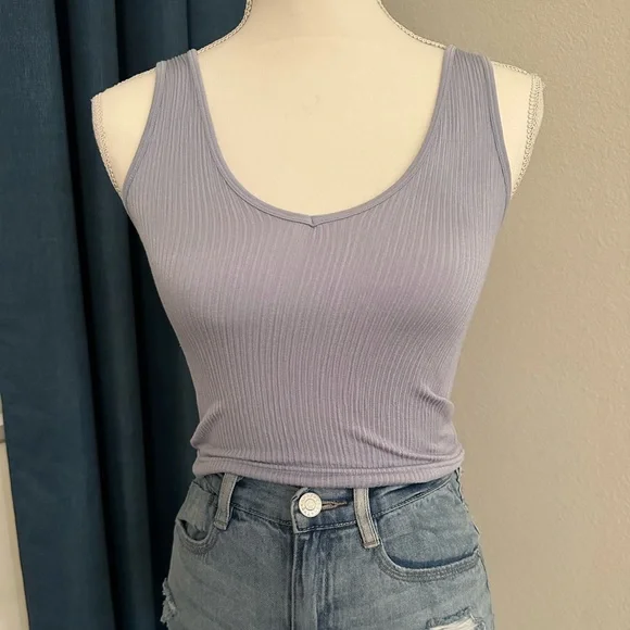 Purple Stretchy Ribbed Crew Neck Crop Top Tank Sleeveless Size S/M - Picture 3 of 6
